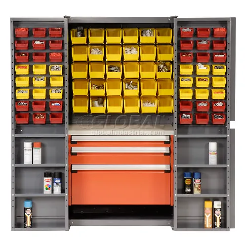 Global Industrial Security Work & Storage Cabinet w/ YL/RD Bins, 590 lbs.  Weight, 38W x 24D x 72H
