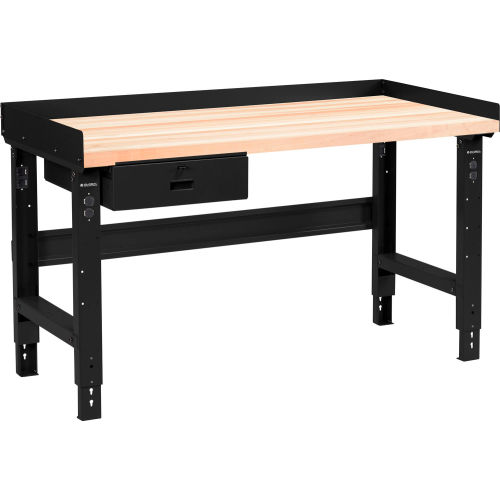 Global Industrial 60 x 30 Adj Height Workbench w/Drawer, Black- Maple Square Edge Top