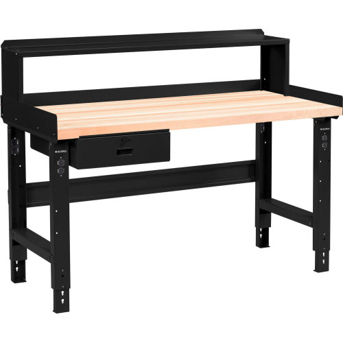 Global Industrial 60 x 30 Adj Height Workbench w/Drawer&Riser, Black- Maple Square Edge Top