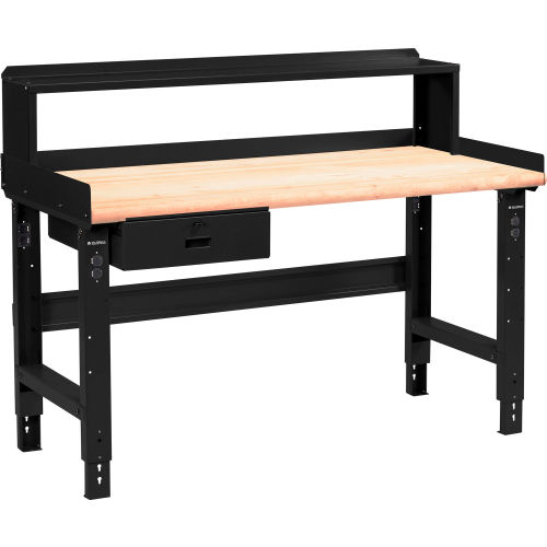 Global Industrial 60 x 30 Adj Height Workbench w/Drawer&Riser, Black- Maple Safety Edge Top