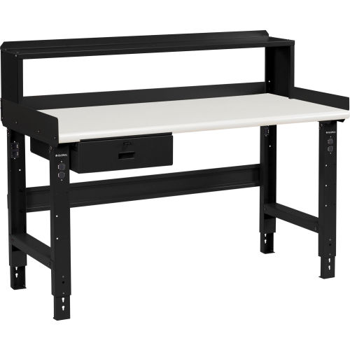 Global Industrial 60 x 30 Adj Height Workbench w/Drawer&Riser, BK- Plastic Laminate Safety Top