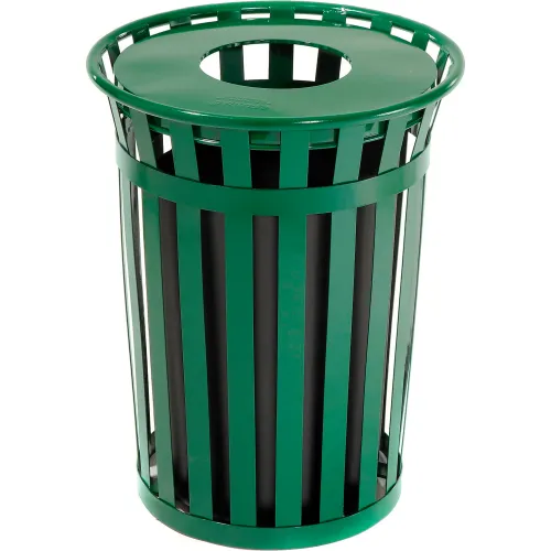 Outdoor Trash Can, Round, Decorative Slatted Sides, 36 Gallon