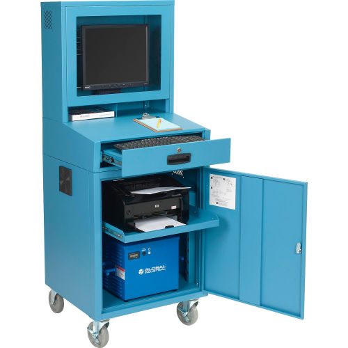 Global Industrial™ Mobile Powered Security LCD Computer Cabinet Enclosure, Blue, Unassembled 40AH Battery
