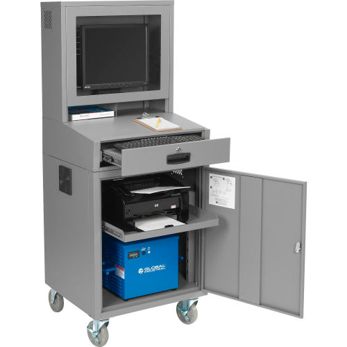 Global Industrial™ Mobile Powered Security LCD Computer Cabinet Enclosure, Dark Gray,40AH Battery