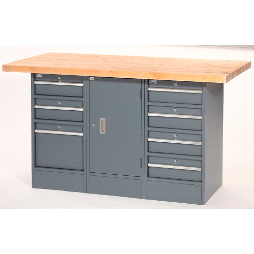Locking Workbench - 1 Cabinet, One 3 Drawer, One 4 Drawer Pedestals - Maple Top