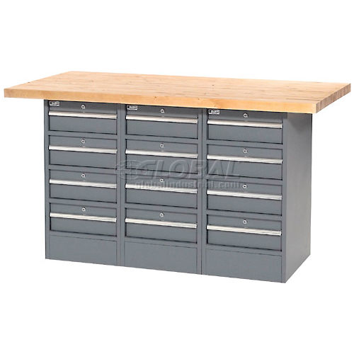 Locking Workbench - Three 3 Drawer Pedestals - Maple Top