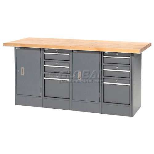 Locking Workbench - 2 Cabinet, Two 3 Drawer Pedestals - Maple Top