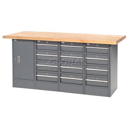 Locking Workbench - 1 Cabinet, Three 4 Drawer Pedestals - Maple Top