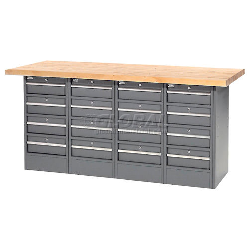 Locking Workbench - Four 4 Drawer Pedestals - Maple Top