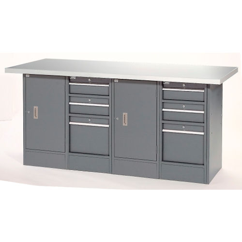 Locking Workbench - 2 Cabinet, Two 3 Drawer Pedestals - Plastic Top