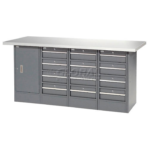 Locking Workbench - 1 Cabinet, Three 4 Drawer Pedestals - Plastic Top