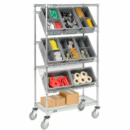 Easy Access Slant Shelf Chrome Wire Cart With 12 3-1/2"H Grid Containers Gray, 36"L x 18"W x 63"H