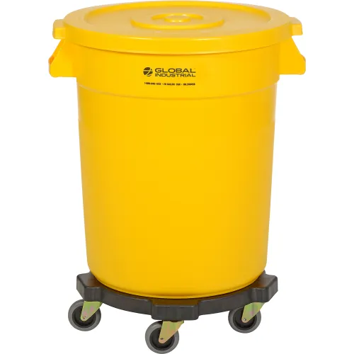 Global Industrial™ Plastic Trash Can With Lid And Dolly 20 Gallon Yellow 