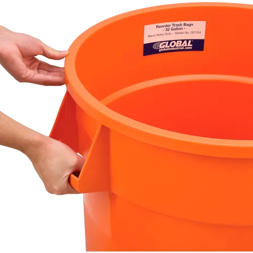 RUBBERMAID COMMERCIAL PRODUCTS Trash Can: Round, Orange, 32 gal Capacity,  22 in Wd/Dia, 28 in Dp