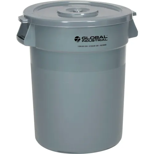 Global Industrial™ Plastic Trash Can With Lid 32 Gallon Gray 