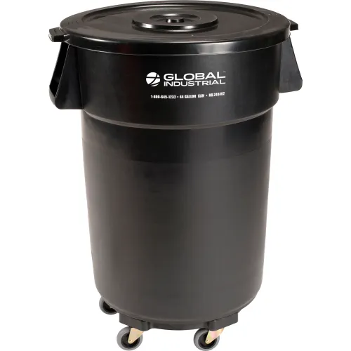 Global Industrial™ Plastic Trash Can with Lid & Dolly - 44 Gallon Black