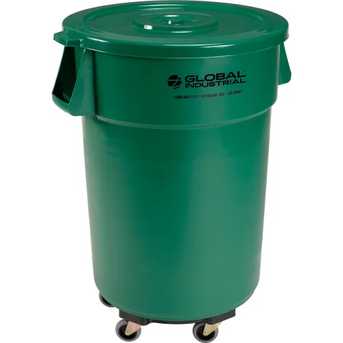 Global Industrial™ Plastic Trash Can With Lid And Dolly 44 Gallon Green 