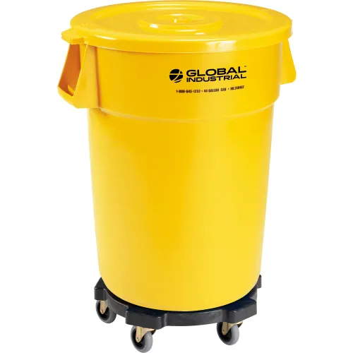 Global Industrial™ Plastic Trash Can With Lid And Dolly 44 Gallon Yellow 