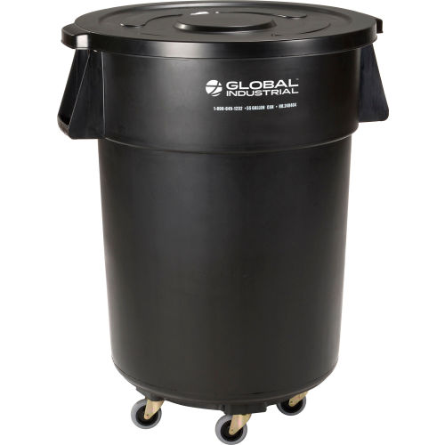 Global Industrial™ Plastic Trash Can with Lid & Dolly 55 Gallon Black