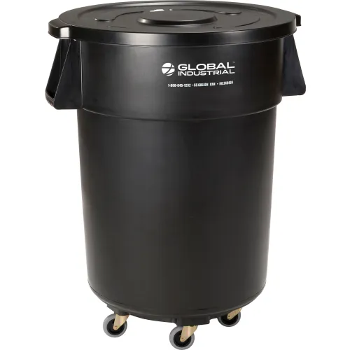 Global Industrial™ Plastic Trash Can With Lid And Dolly 55 Gallon Black 