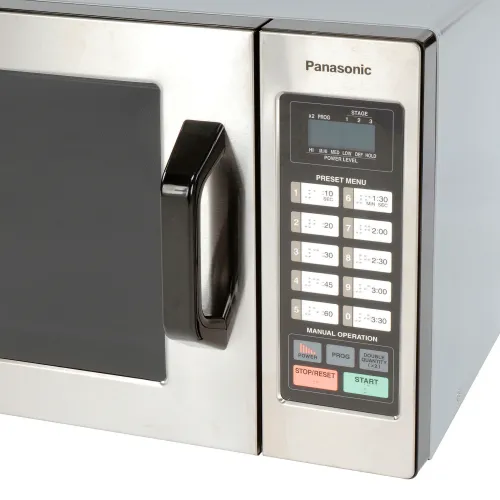 Panasonic 1000 Watt Commercial Microwave Oven with 10 Programmable Memory  NE 1054F Single Medium Size 0.8 ftandsup3 Capacity Microwave 6 Power Levels  1000 W Microwave Power 120 V AC 13.40 A Fuse Countertop Stainless Steel  Silver - Office Depot