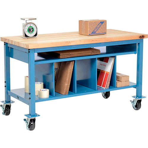 Mobile Packaging Workbench Maple Butcher Block Square Edge - 60 x 30 with Lower Shelf Kit