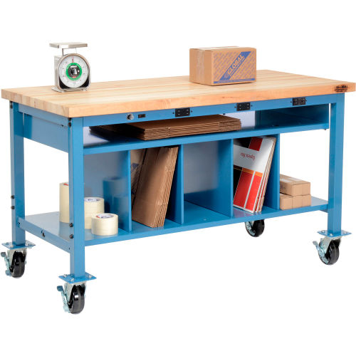 Mobile Electric Packing Workbench Maple Butcher Block Square Edge - 60 x 30 with Lower Shelf Kit