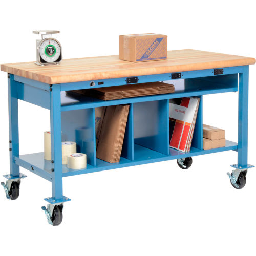 Mobile Electric Packing Workbench Maple Butcher Block Safety Edge - 60 x 30 with Lower Shelf Kit