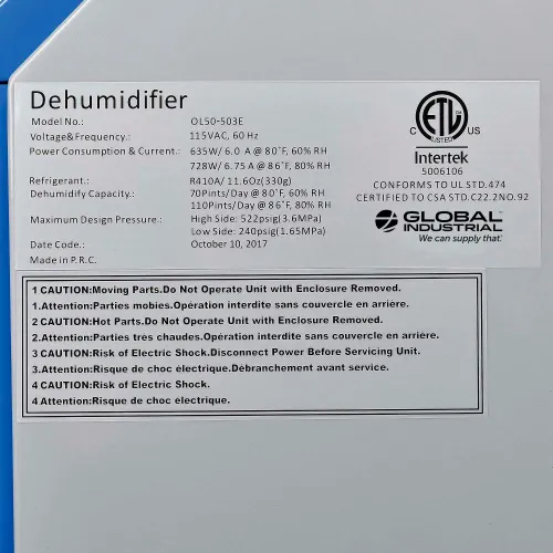 Global Industries 246687 Commercial Dehumidifier Heavy Duty 110 Pints Per  Day, Blue & Grey 