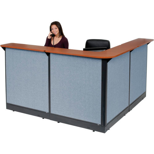 80"Wx80" D Reception Station W/ Non-Electric Raceway Cherry Counter, Blue Panel