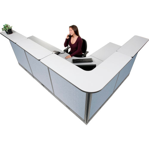 116in.Wx 80in. D Reception Station With Electric Raceway Gray Counter, Blue Panel