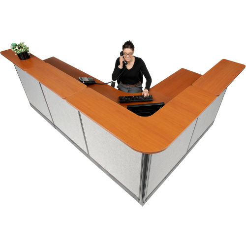116in.W x 80" D Reception Station W/Non-Electric Raceway Cherry Counter, Gray Panel