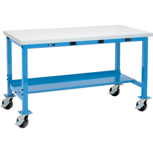 60W x 30D Mobile Lab Workbench with Power Apron - Plastic Laminate Square Edge - Blue