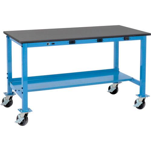 60W x 30D Mobile Lab Workbench with Power Apron - Phenolic Resin Safety Edge - Blue