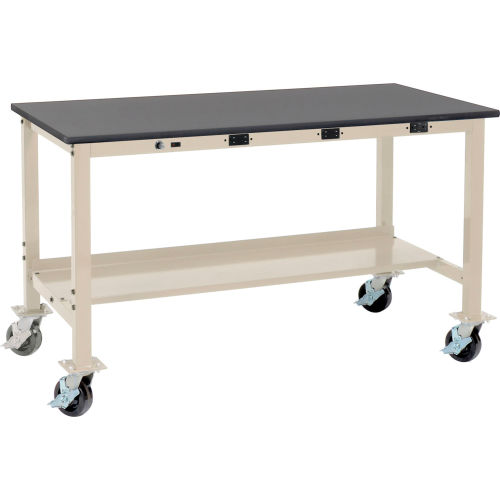 60W x 30D Mobile Lab Workbench with Power Apron - Phenolic Resin Safety Edge - Tan