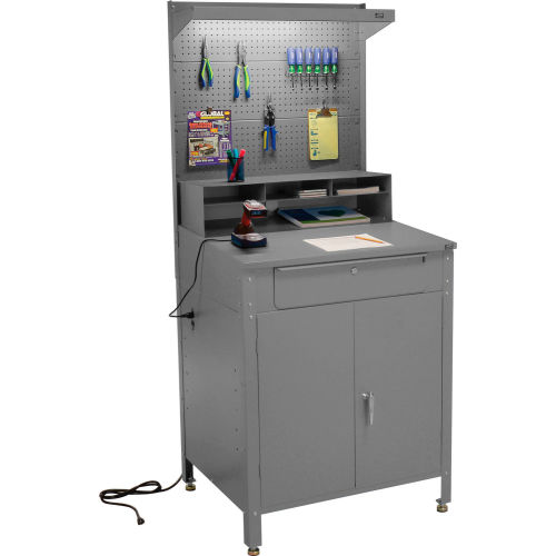 Shop Desk w Lower Cabinet and Pigeonhole Compartment with Pegboard Riser 34-1/2inW x 30inD x 80inH - GY