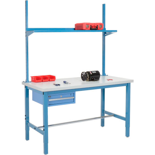 60 W x 30 D Production Workbench - Plastic Square Edge with Drawer, Riser and Shelf - Blue