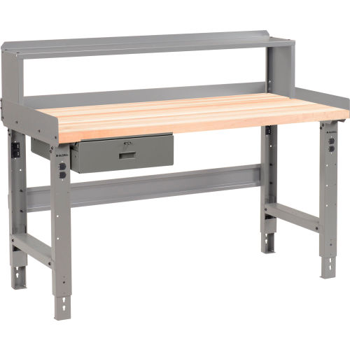 Global Industrial 60 x 30 Adj Height Workbench w/Drawer&Riser, Gray- Maple Square Edge Top