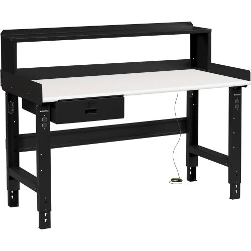 Global Industrial 60 x 30 Adj Height Workbench w/Drawer&Riser, Black- ESD Safety Edge Top