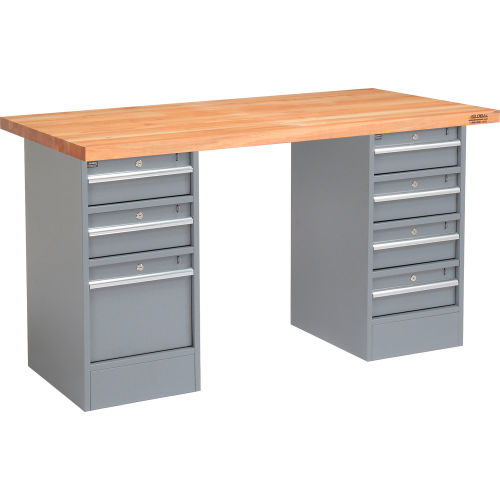 60in W x 24in D Pedestal Workbench W/ 3 Drawers / 4 Drawers, Maple Butcher Block