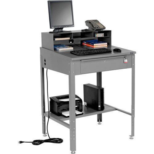 Shop Desk w Pigeonhole Compartments, Slope Top 34-1/2inW x 30inD x 38 to 42-1/2inH - Gray