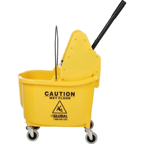 Restaurantware Clean 38 Quart Industrial Mop Bucket, 1 Combo Mop Wringer Bucket - with Side Press Wringer, Built-In Casters, Yellow Plastic