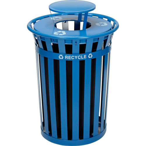 Global™ Outdoor Steel Recycling Receptacle with Rain Bonnet Lid - 36 Gallon Blue