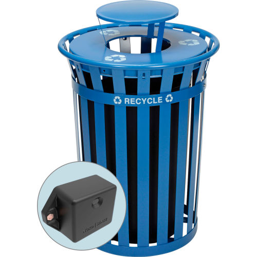 Global Industrial TrashTalk Outdoor Slatted Trash Can w/Rain Bonnet Lid, 36 Gal., Blue