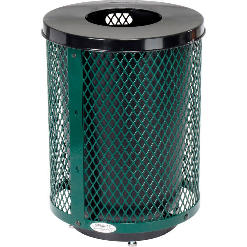 Global™ Deluxe Thermoplastic Coated 32 Gallon Mesh Receptacle w/Flat Lid & Base - Green