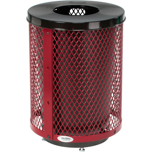 Global Industrial Deluxe Thermoplastic 32 Gallon Mesh Receptacle w/Flat Lid & Base - Red