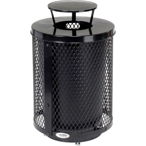 Global™ Deluxe Thermoplastic Coated 32 Gallon Mesh Receptacle w/Rain Bonnet Lid & Base - Black