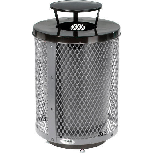 Global Industrial Deluxe Thermoplastic 32 Gallon Mesh Receptacle w/Rain Bonnet & Base - Gray
