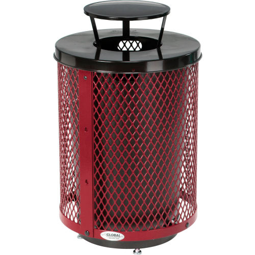 Global Industrial Deluxe Thermoplastic 32 Gallon Mesh Receptacle w/Rain Bonnet & Base - Red