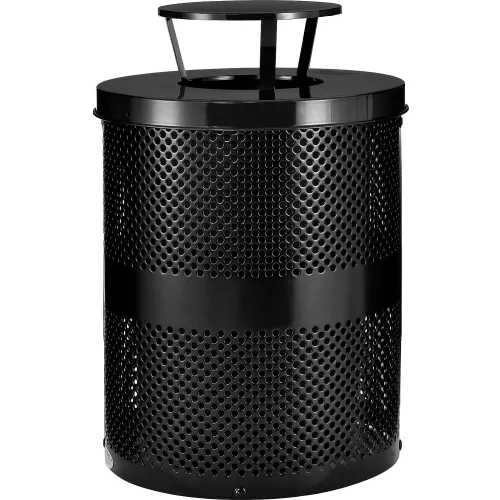 Global Industrial™ Outdoor Perforated Steel Trash Can With Rain Lid, 36 Gallon, Black